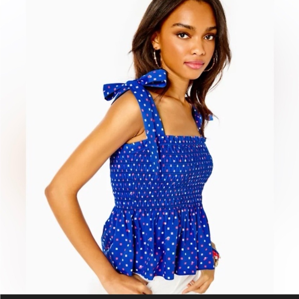 Lilly Pulitzer Blue Smocked Tie-Shoulder Polka Dot Camisole